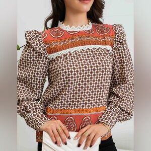 MINE Boho Blouse Women’s Size M Puff Sleeve Victorian Lace Trim Floral P…
